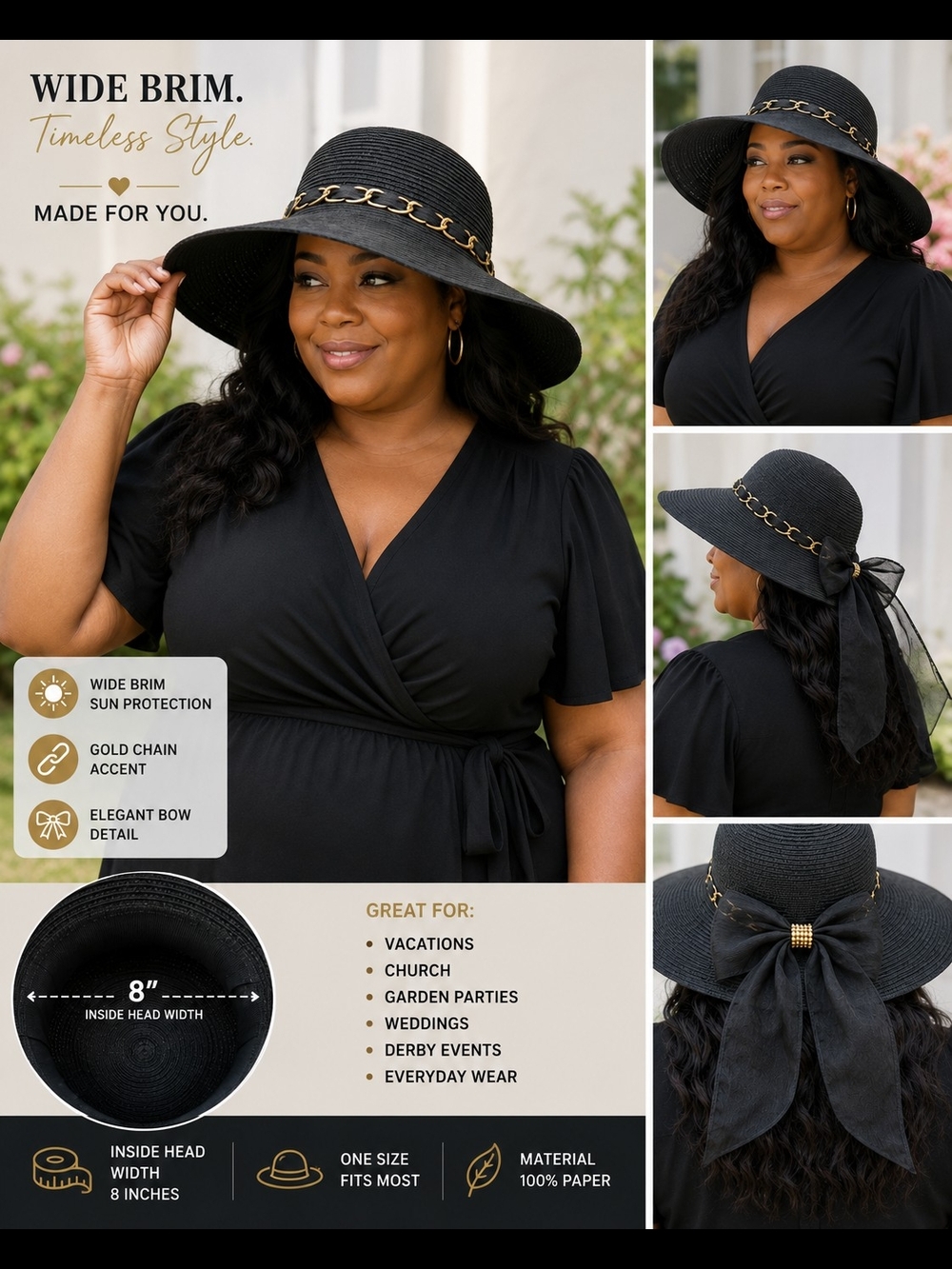 Black Wide Brim Paper Sun Hat Gold Chain Ribbon Bow